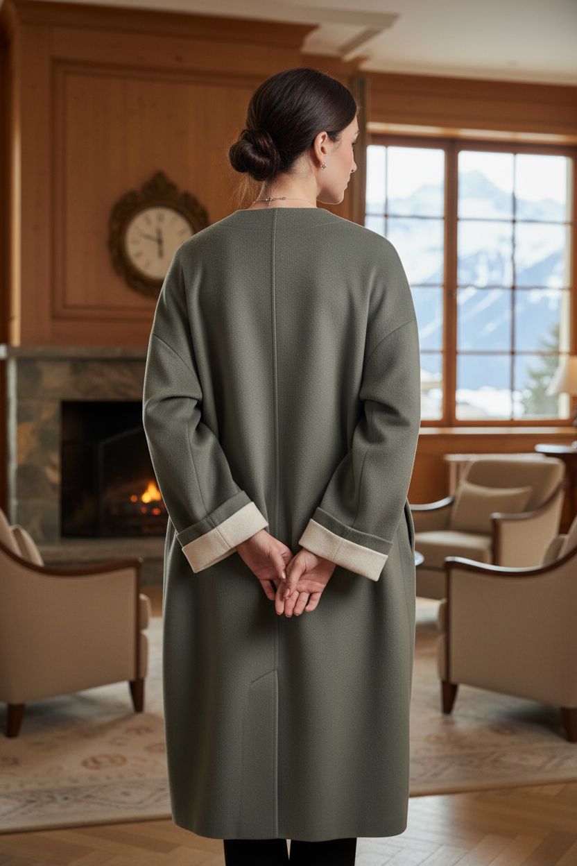 Native Swiss woman showing gray green oversized coat
