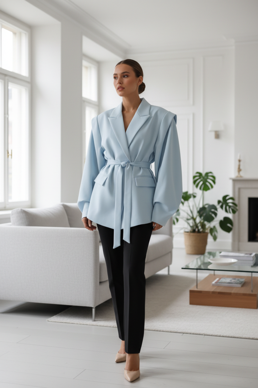Native Swiss woman wearing the sky blue oversized belted blazer in a Geneva apartment