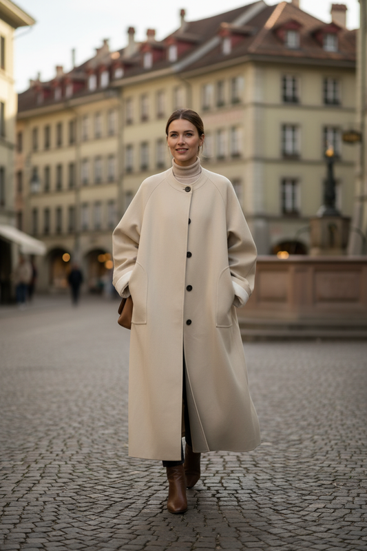 Native Swiss woman wearing khaki oversized coat in Bern
