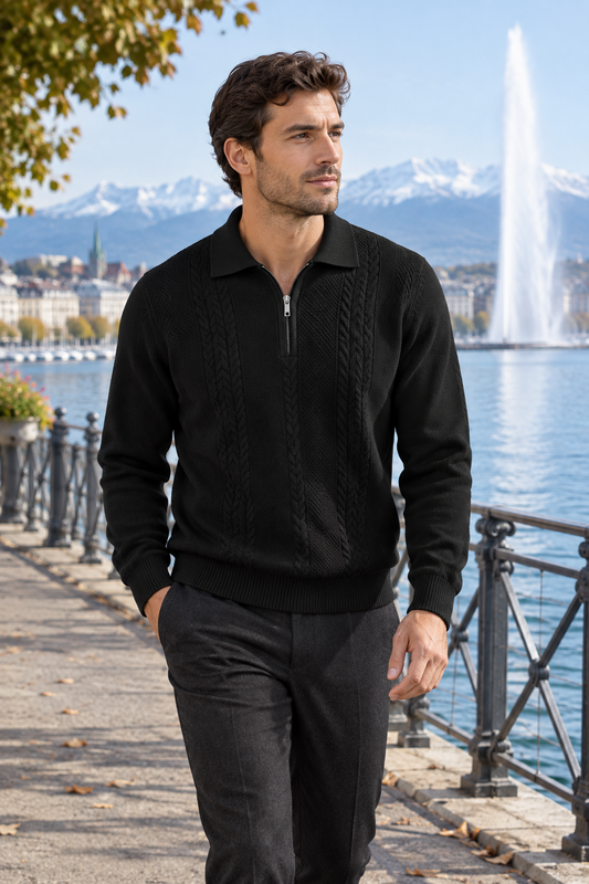 Pull polo à quart de zip en maille torsadée pour homme