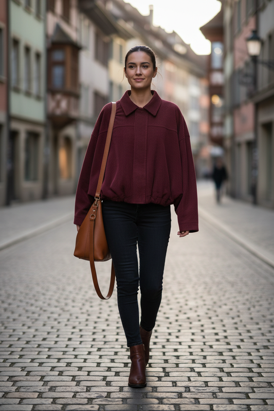 Native Swiss woman wearing the red oversized jacket in Basel