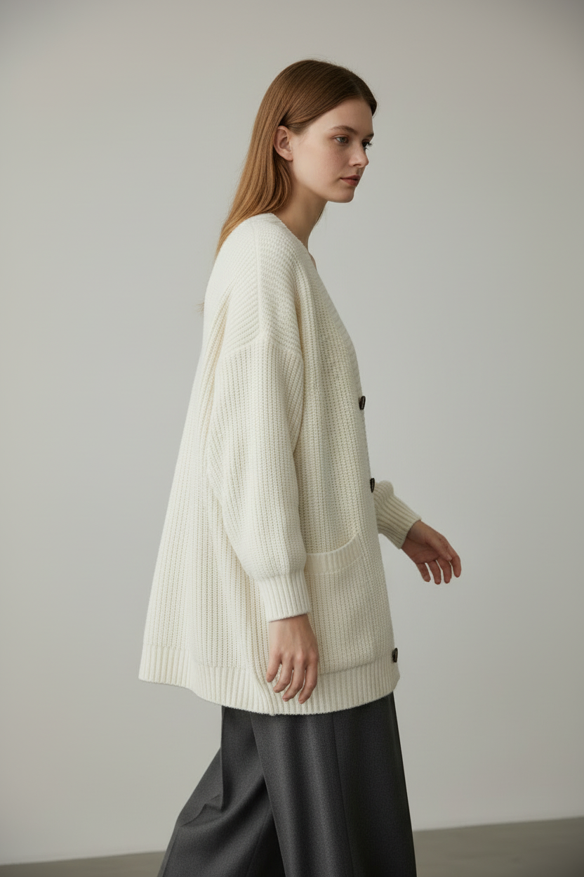 White loose knit cardigan sweater, three-quarter back angle on model