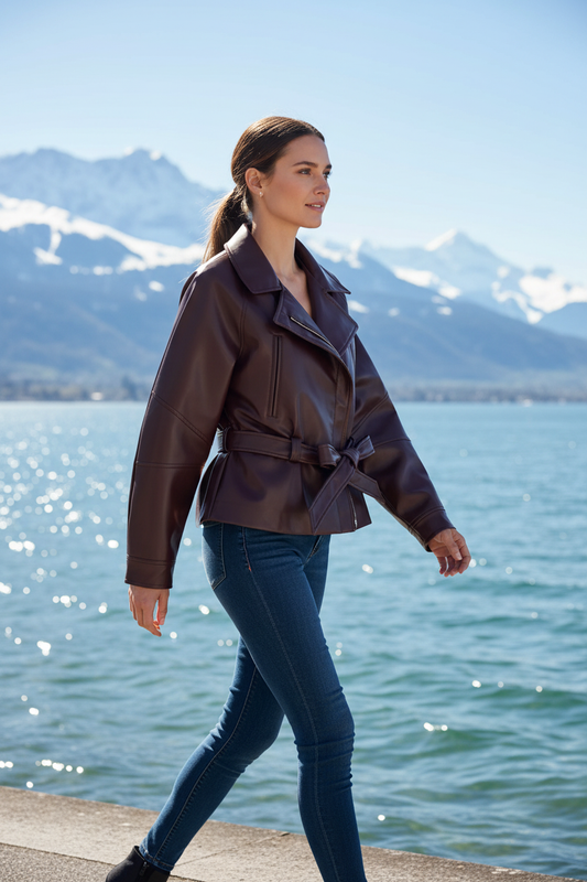 Swiss woman model wearing the dark chocolate-brown belted faux-leather jacket by Lake Zurich