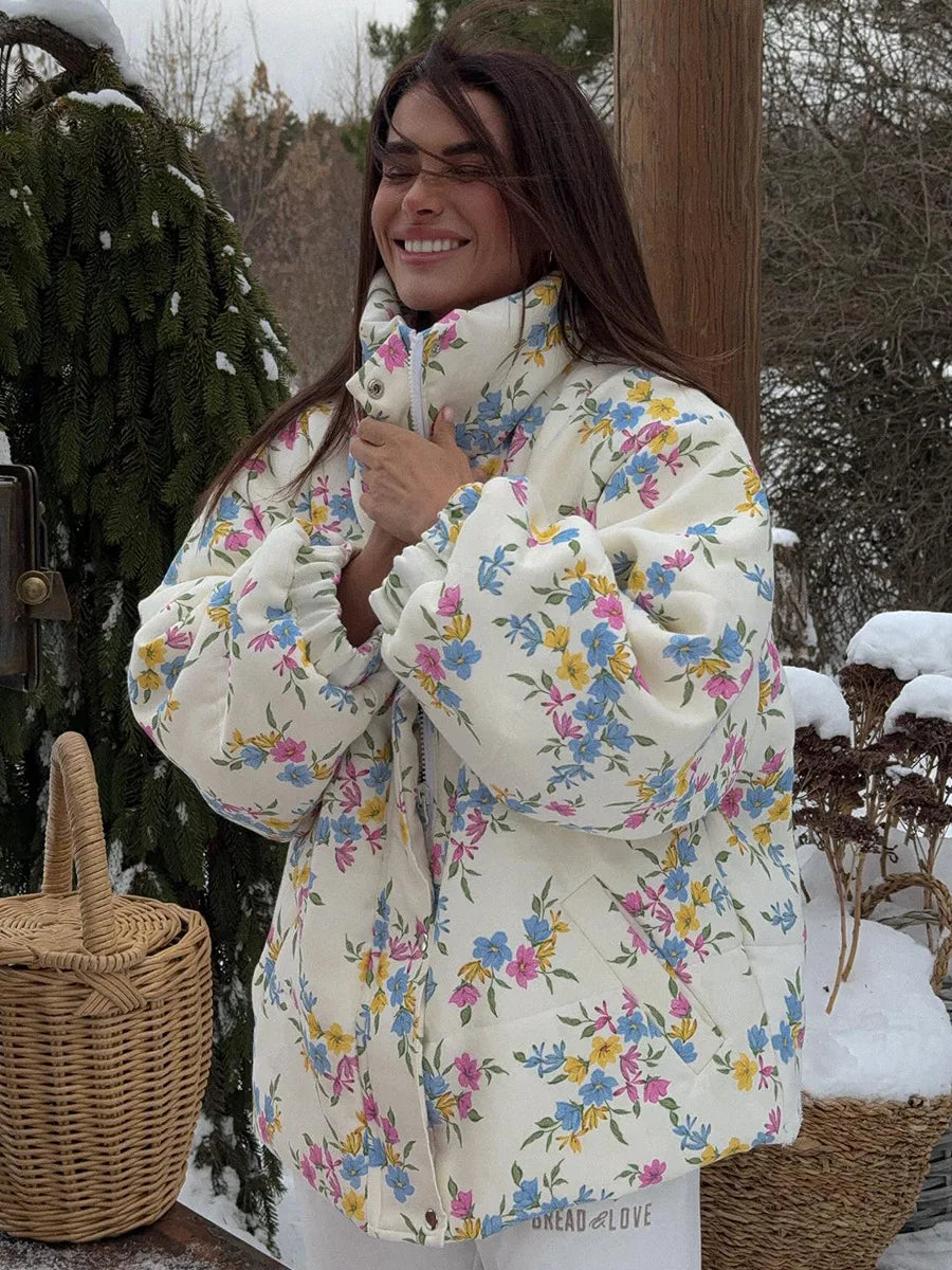 Gesteppte Damen-Pufferjacke mit Blumenmuster und Baumwollfüllung
