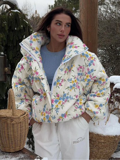 Gesteppte Damen-Pufferjacke mit Blumenmuster und Baumwollfüllung