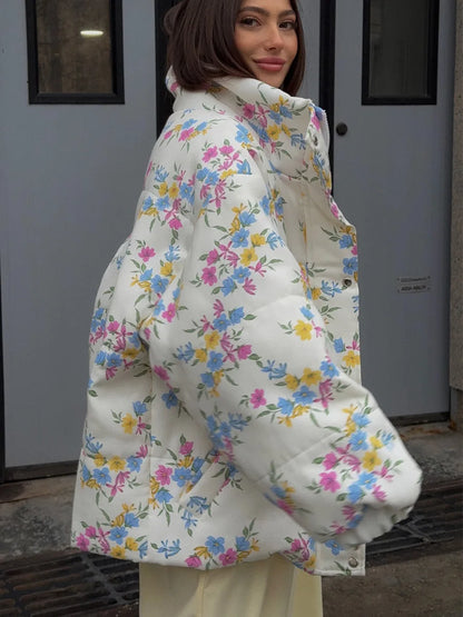 Gesteppte Damen-Pufferjacke mit Blumenmuster und Baumwollfüllung