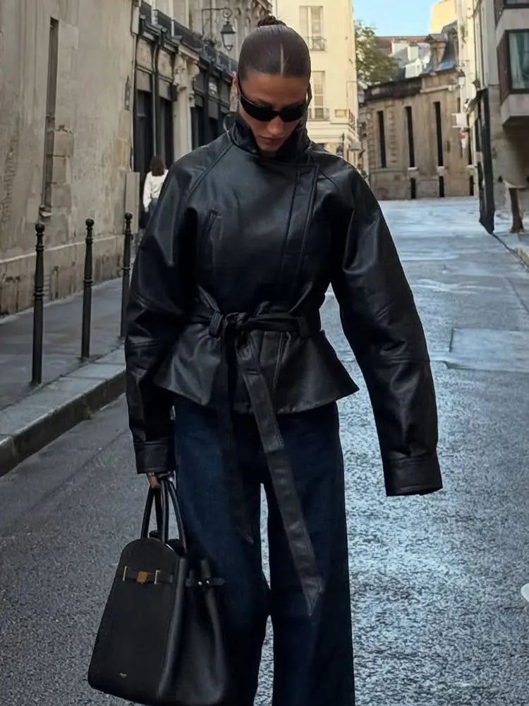 Women's Belted Faux Leather Jacket