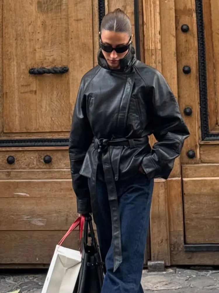 Women's Belted Faux Leather Jacket