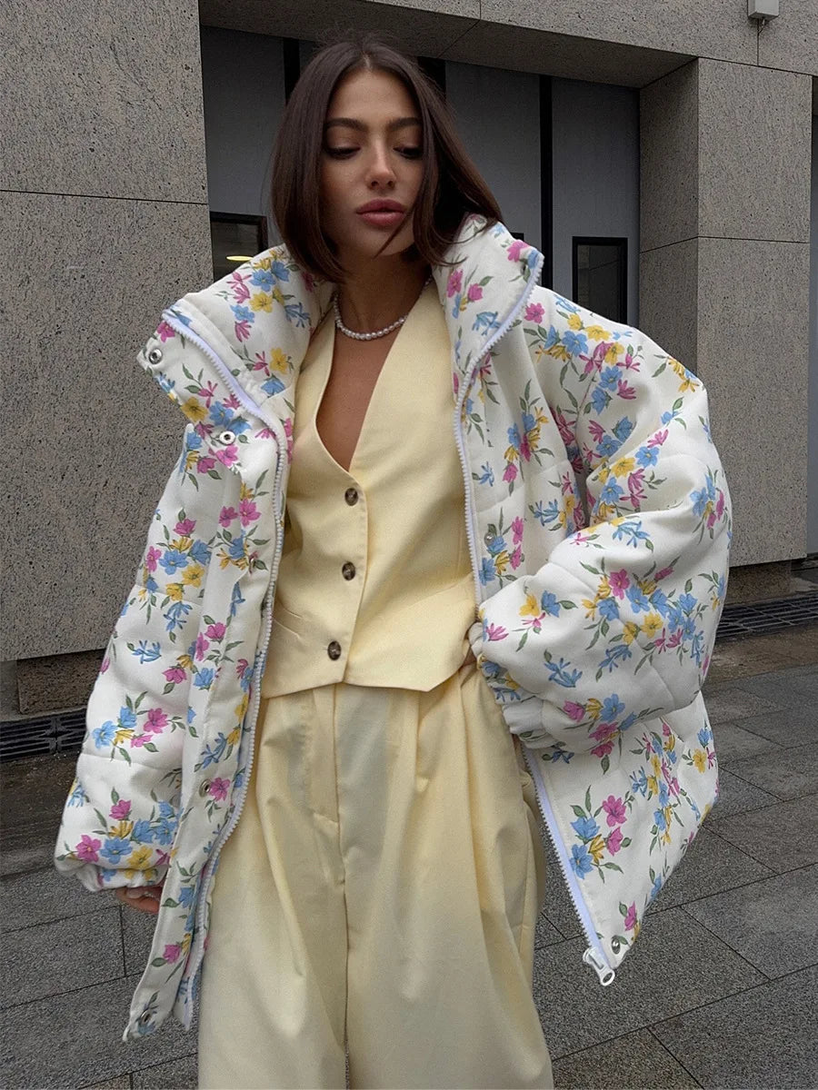 Gesteppte Damen-Pufferjacke mit Blumenmuster und Baumwollfüllung