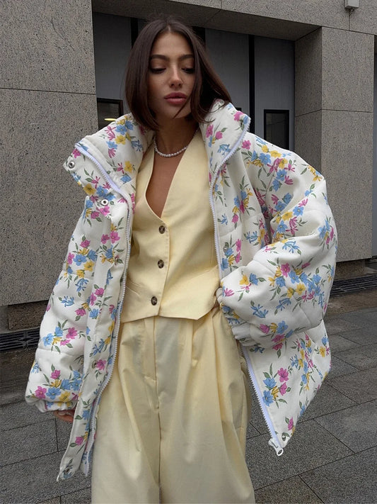 Gesteppte Damen-Pufferjacke mit Blumenmuster und Baumwollfüllung