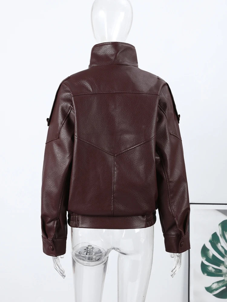 Women's Faux Leather Stand-Collar Jacket