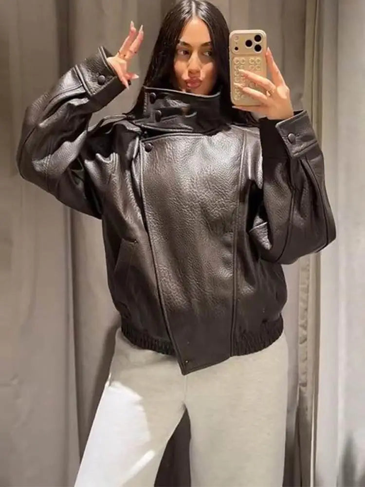 Women's Faux Leather Stand-Collar Jacket