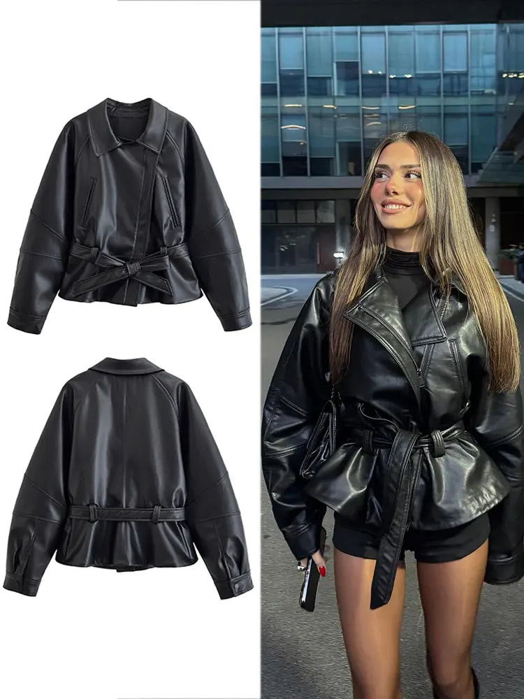 Women's Belted Faux Leather Jacket