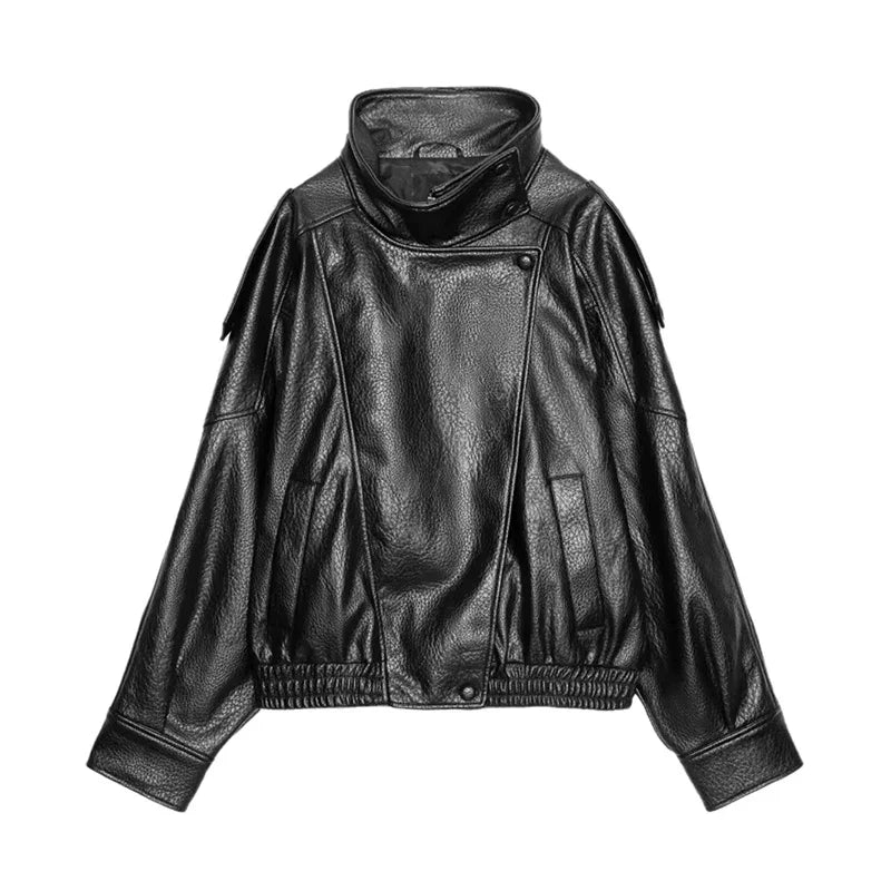 Women's Faux Leather Stand-Collar Jacket
