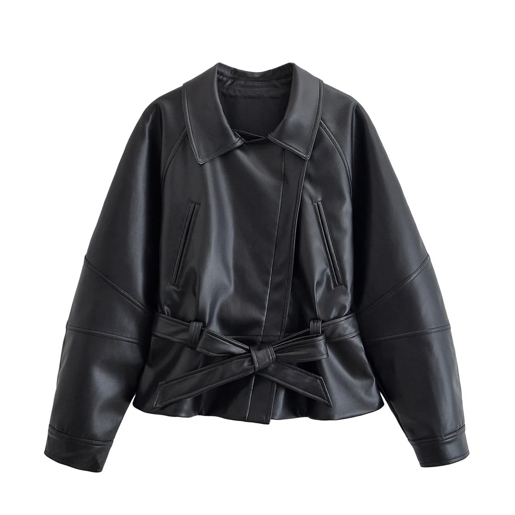 Women's Belted Faux Leather Jacket