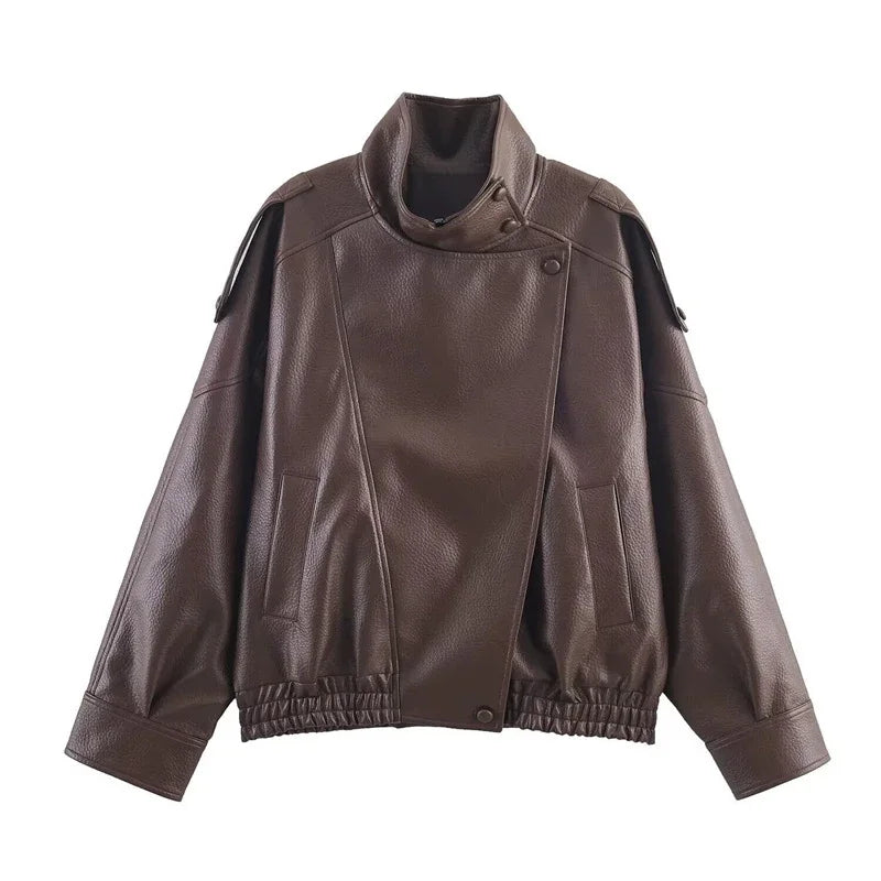 Women's Faux Leather Stand-Collar Jacket