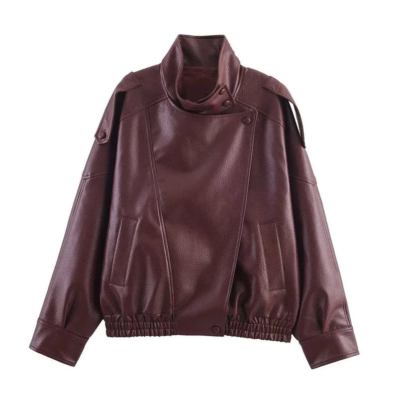 Women's Faux Leather Stand-Collar Jacket