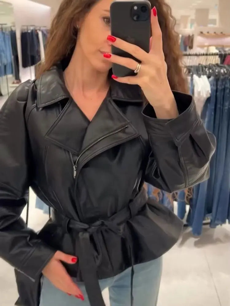Women's Belted Faux Leather Jacket