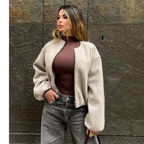 MUJER Fleece Bomber Jackets for Women Soft Zipper Woman's Sports Jacket Casual Cropped Jacket Women Long Sleeve Coats Outerwears