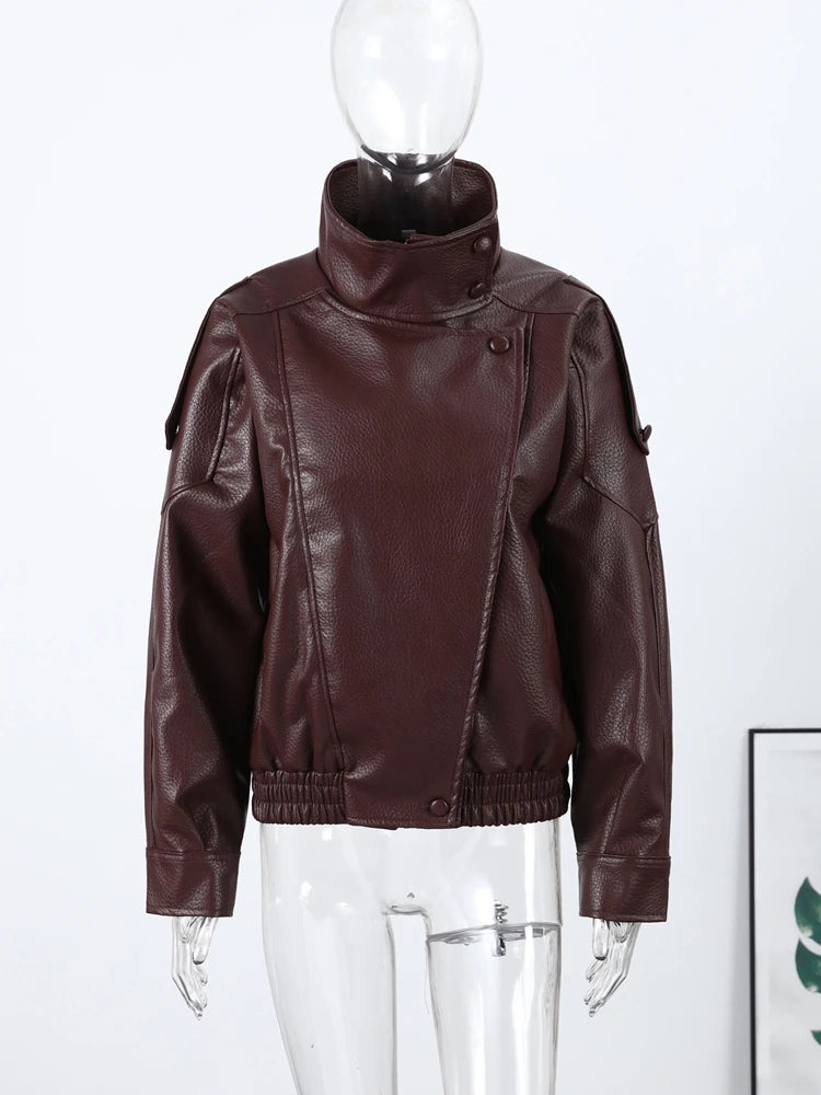 Women's Faux Leather Stand-Collar Jacket