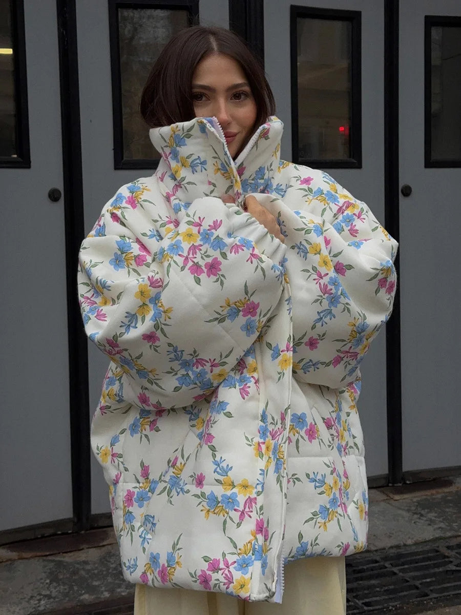 Gesteppte Damen-Pufferjacke mit Blumenmuster und Baumwollfüllung