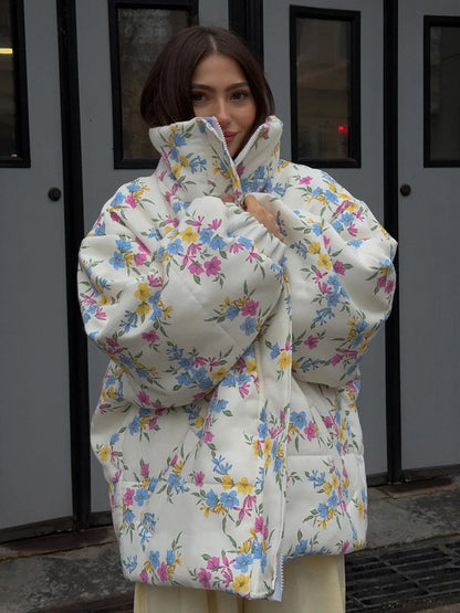 Gesteppte Damen-Pufferjacke mit Blumenmuster und Baumwollfüllung