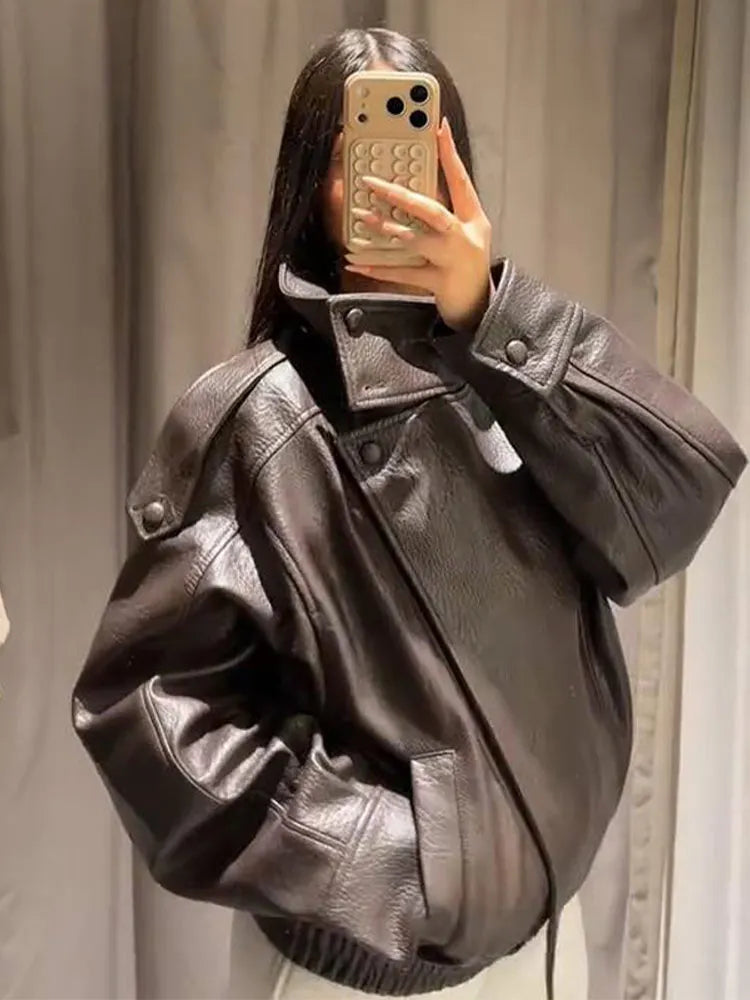 Women's Faux Leather Stand-Collar Jacket