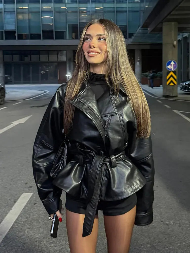 Women's Belted Faux Leather Jacket