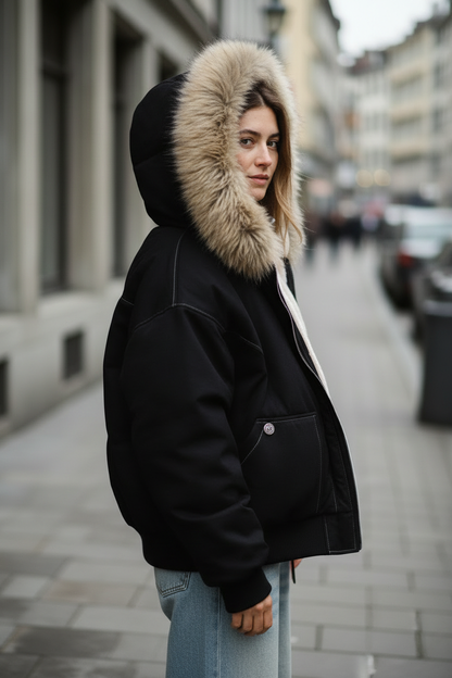 Damen-Steppjacke mit Kapuze und Fellkragen