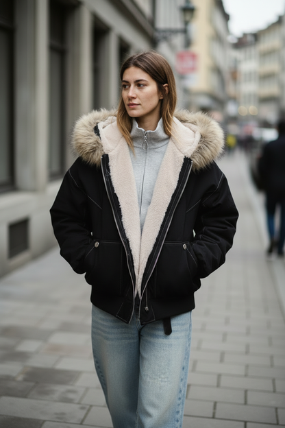 Damen-Steppjacke mit Kapuze und Fellkragen