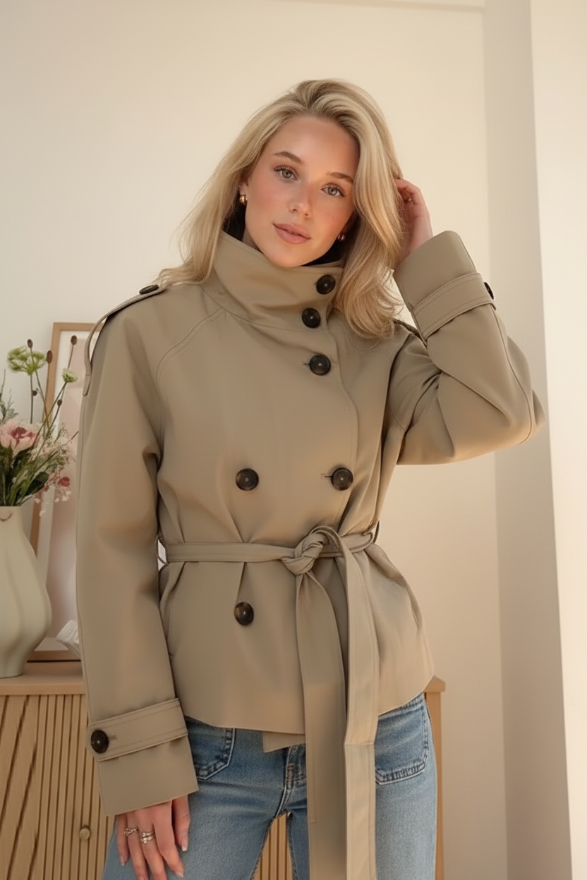 Damen-Polyesterjacke mit doppelreihiger Knopfleiste und Stehkragen