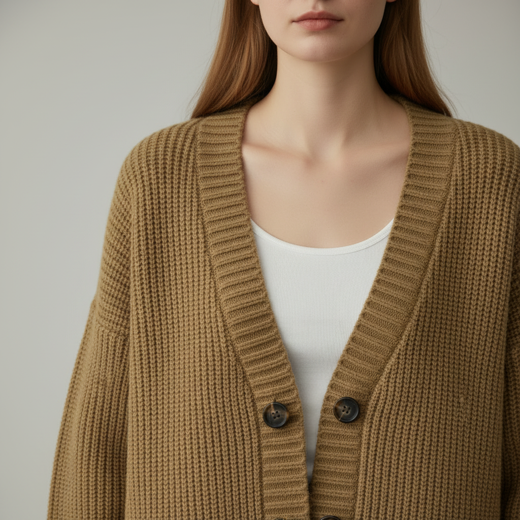 Khaki loose knit cardigan sweater, close-up of knit texture and V-neckline