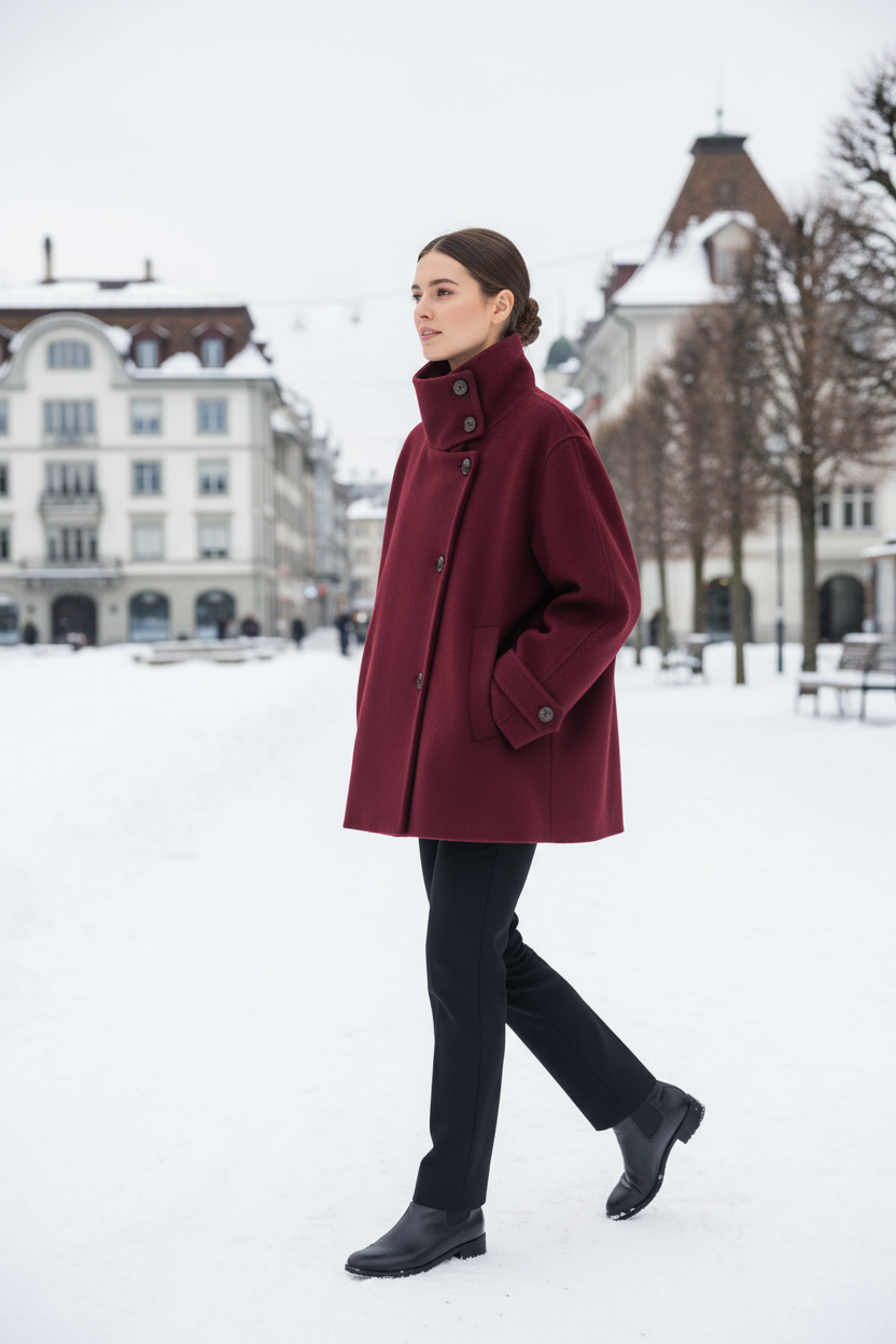 Swiss woman model wearing the burgundy red high-collar short winter coat on a snowy Swiss promenade