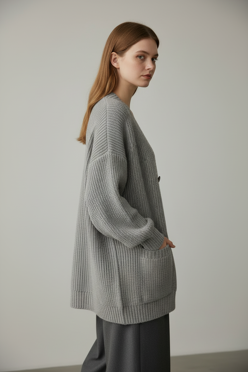 Gray loose knit cardigan sweater, three-quarter back angle on model