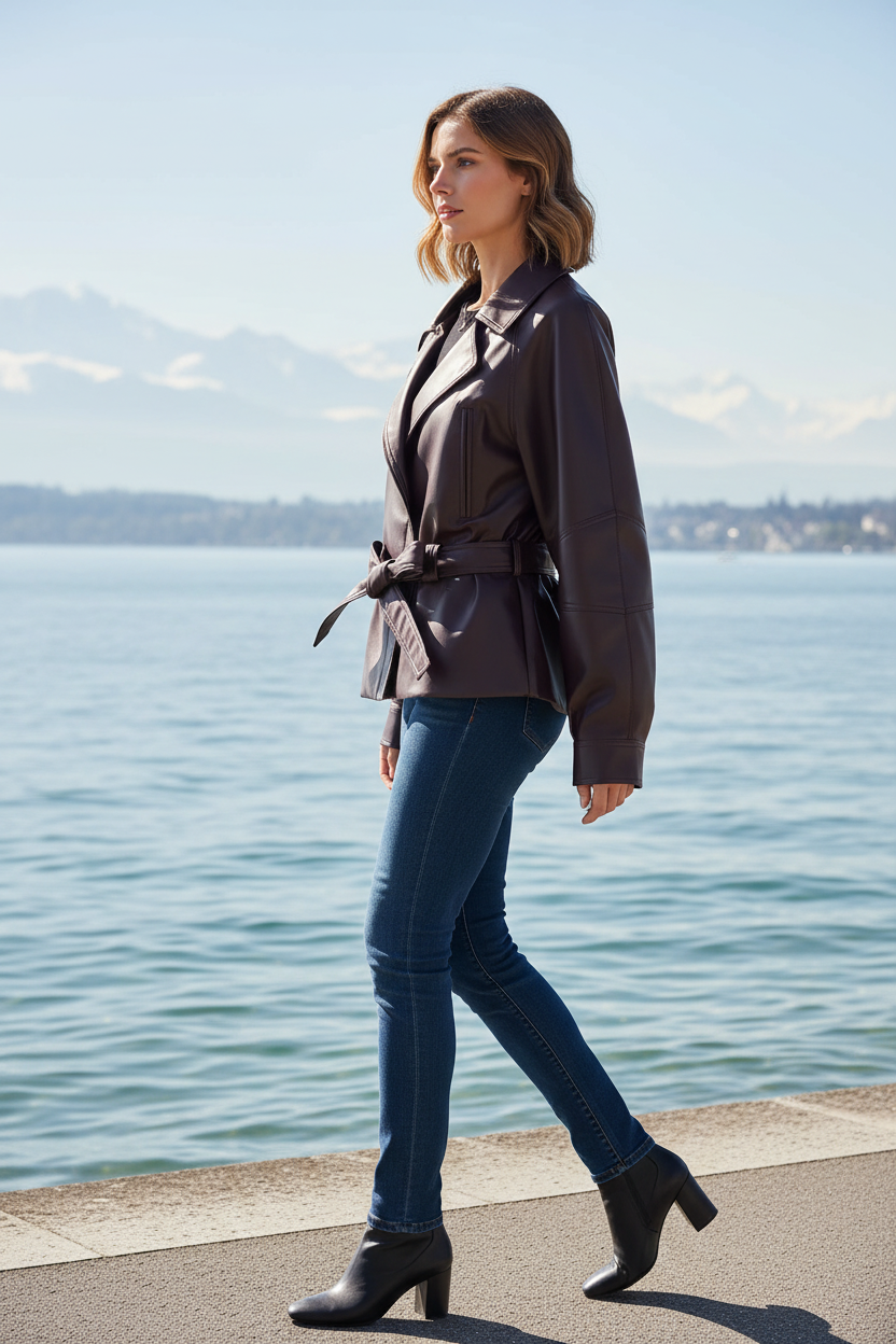 Swiss woman model wearing the deep burgundy wine-red belted faux-leather jacket by Lake Zurich