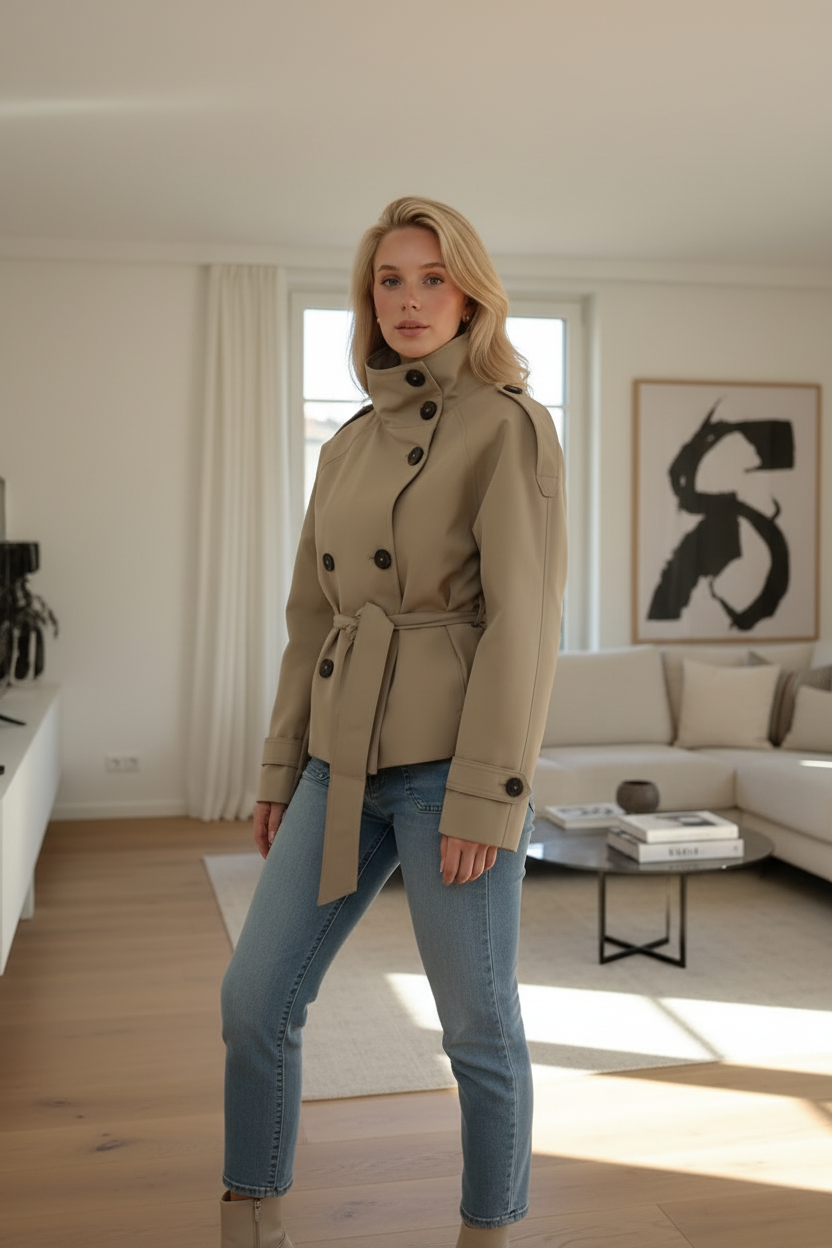 Damen-Polyesterjacke mit doppelreihiger Knopfleiste und Stehkragen