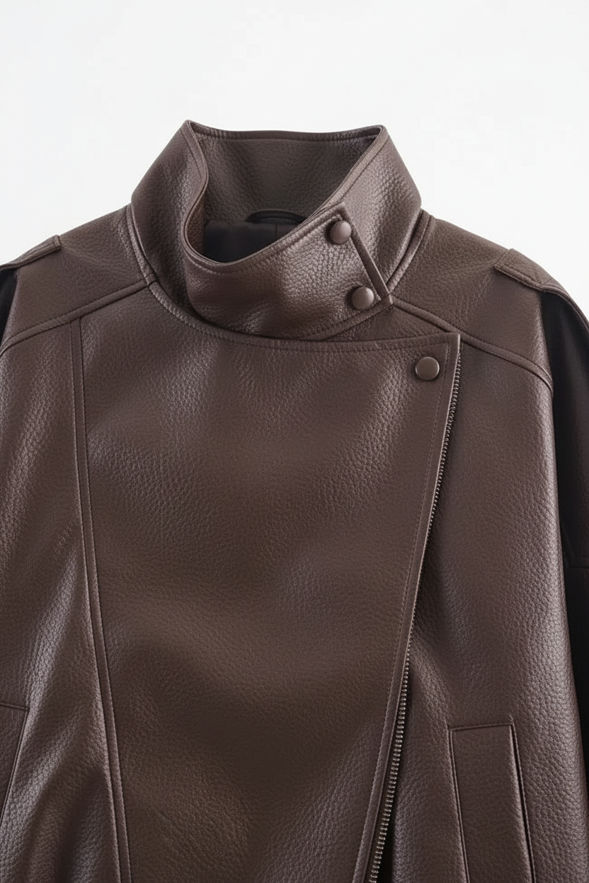 Brown faux leather jacket collar zipper and stitching details