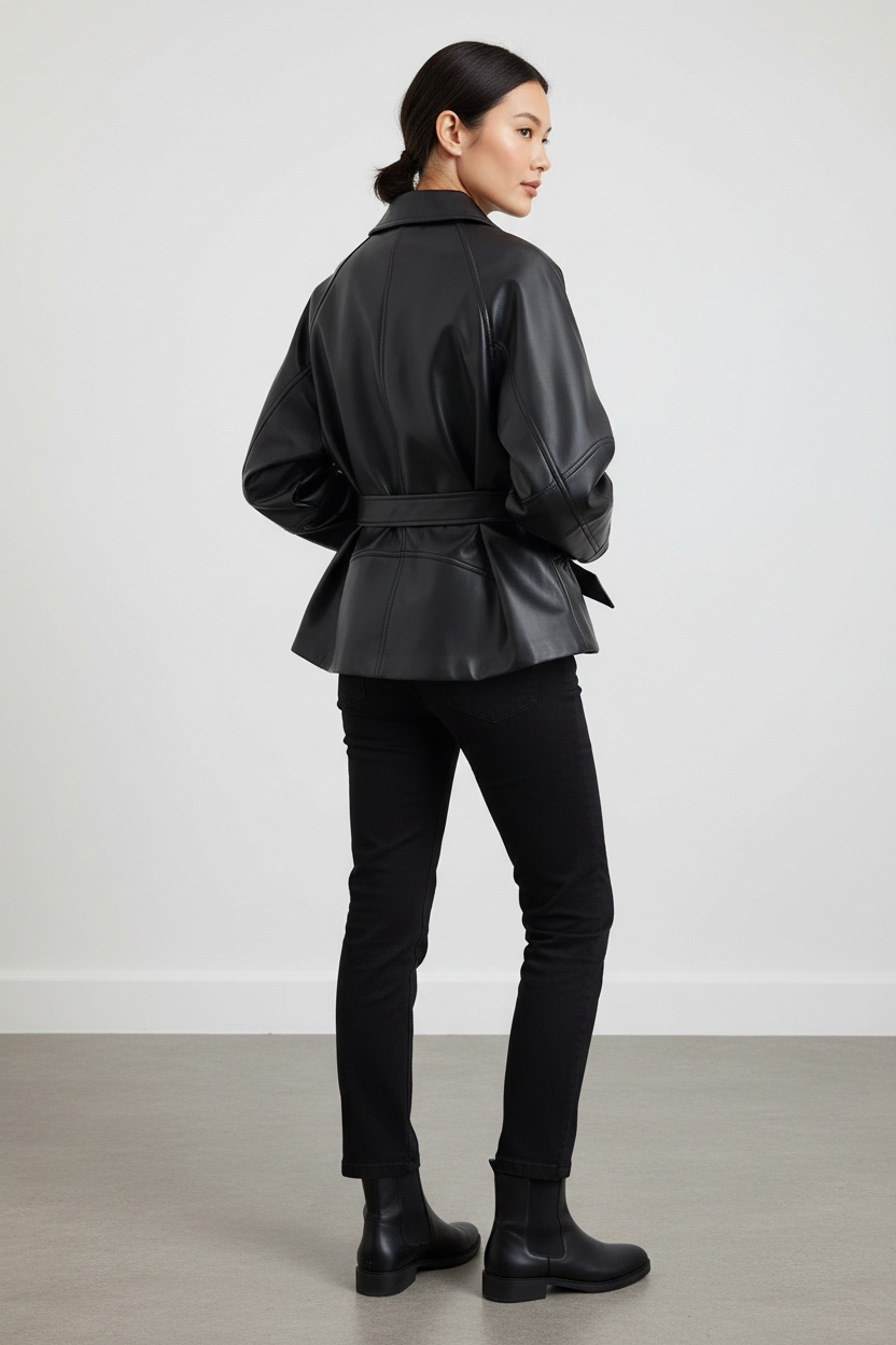 Swiss woman model showing the black belted faux-leather jacket in a studio