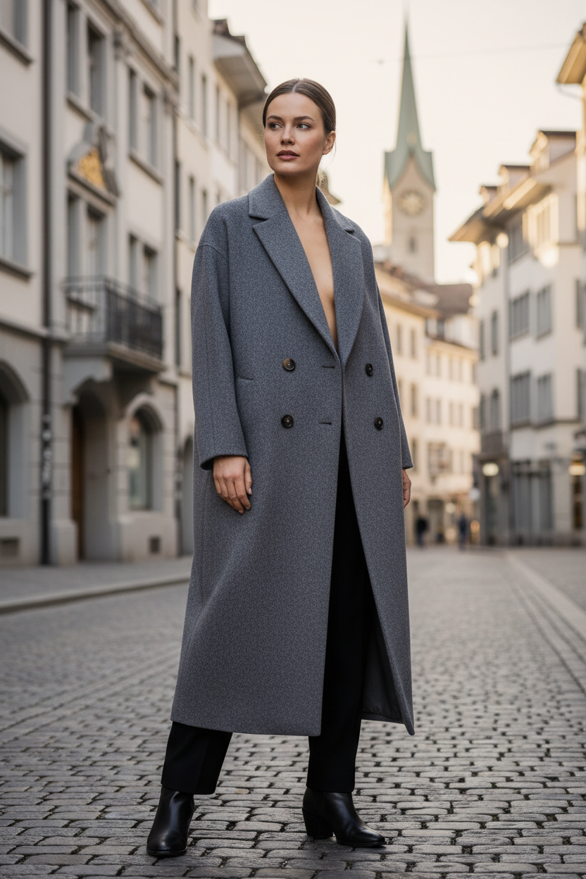 Swiss woman model wearing the gray wool blend double-breasted coat in Zurich
