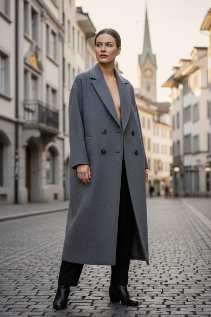 Swiss woman model wearing the gray wool blend double-breasted coat in Zurich