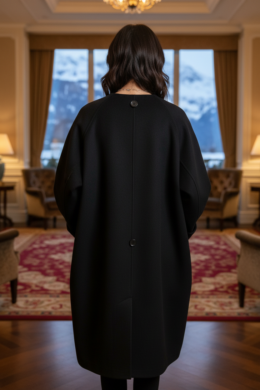 Native Swiss woman showing black oversized coat