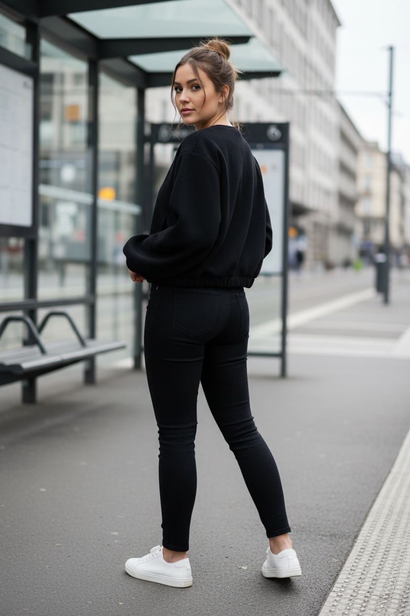 Swiss woman model showing the black fleece cropped bomber jacket at a Zurich tram stop