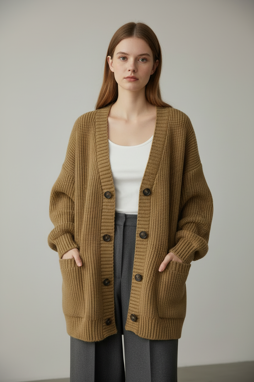 Khaki loose knit cardigan sweater, waist-up front view on model