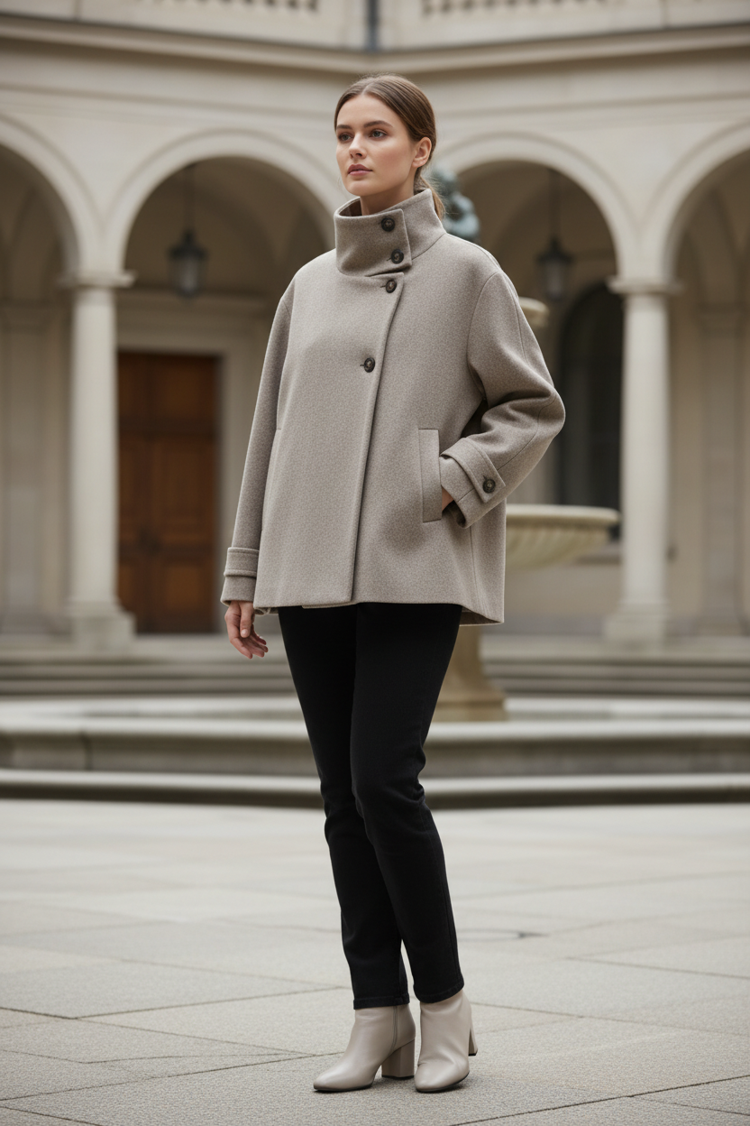Swiss woman model wearing the beige high-collar short winter coat in a museum courtyard