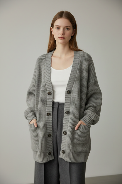 Gray loose knit cardigan sweater, waist-up front view on model