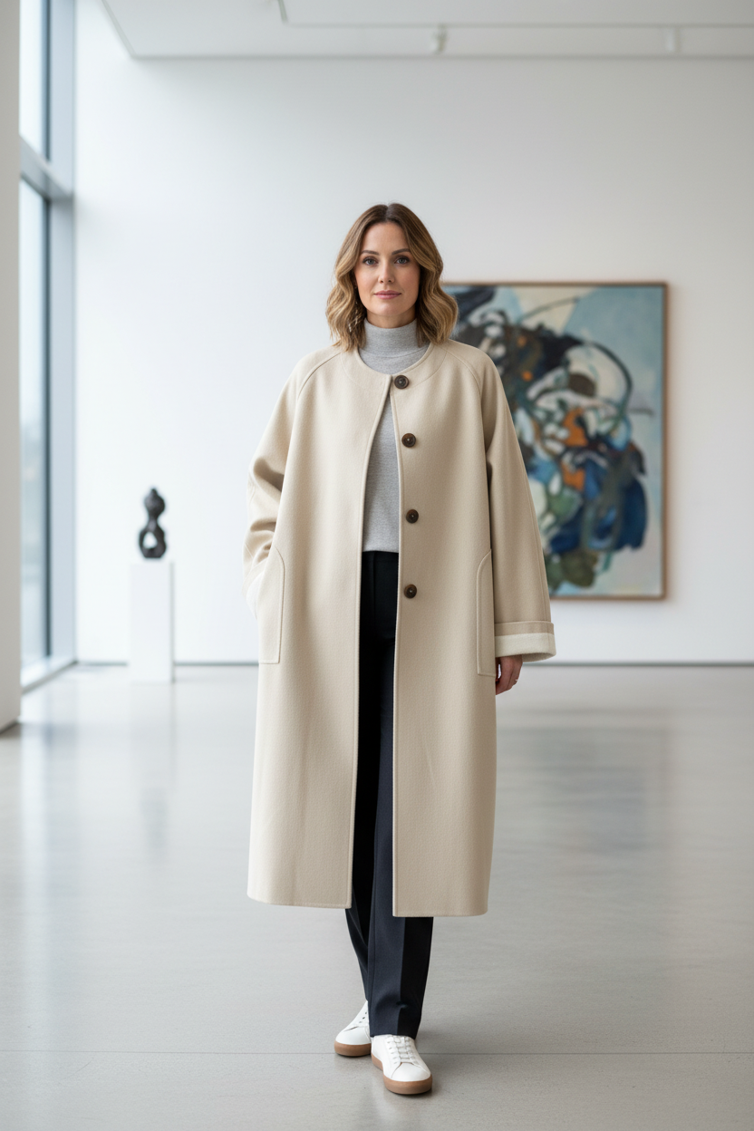 Native Swiss woman wearing khaki oversized coat