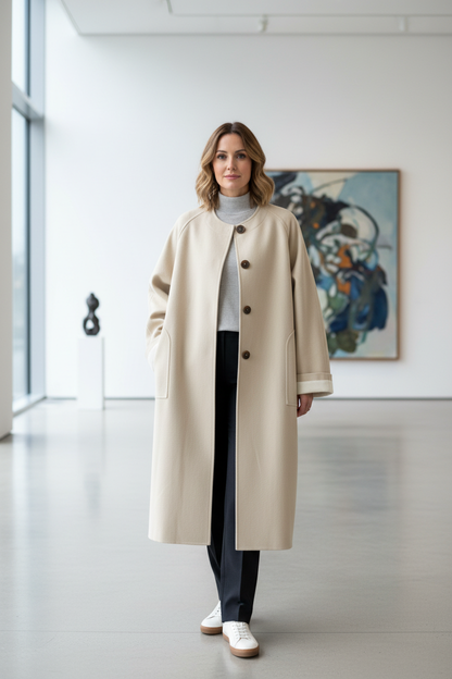 Native Swiss woman wearing khaki oversized coat