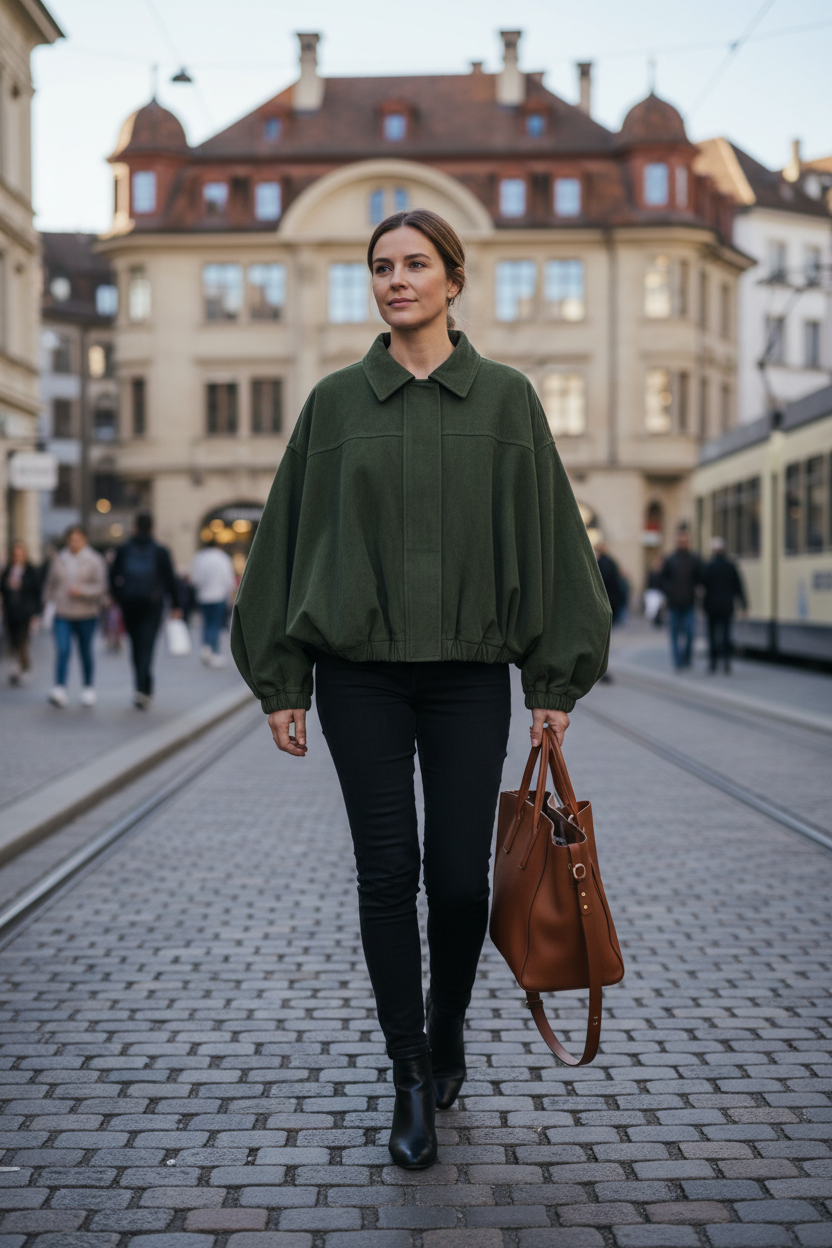 Native Swiss woman wearing the army green oversized jacket in Basel