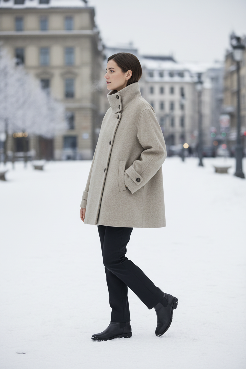 Swiss woman model wearing the light khaki high-collar short winter coat on a snowy Swiss promenade