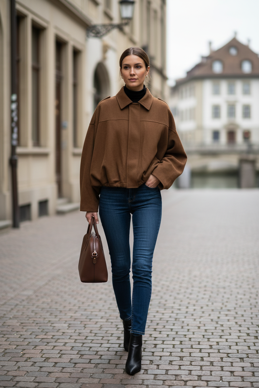 Native Swiss woman wearing the brown oversized jacket on a Basel street